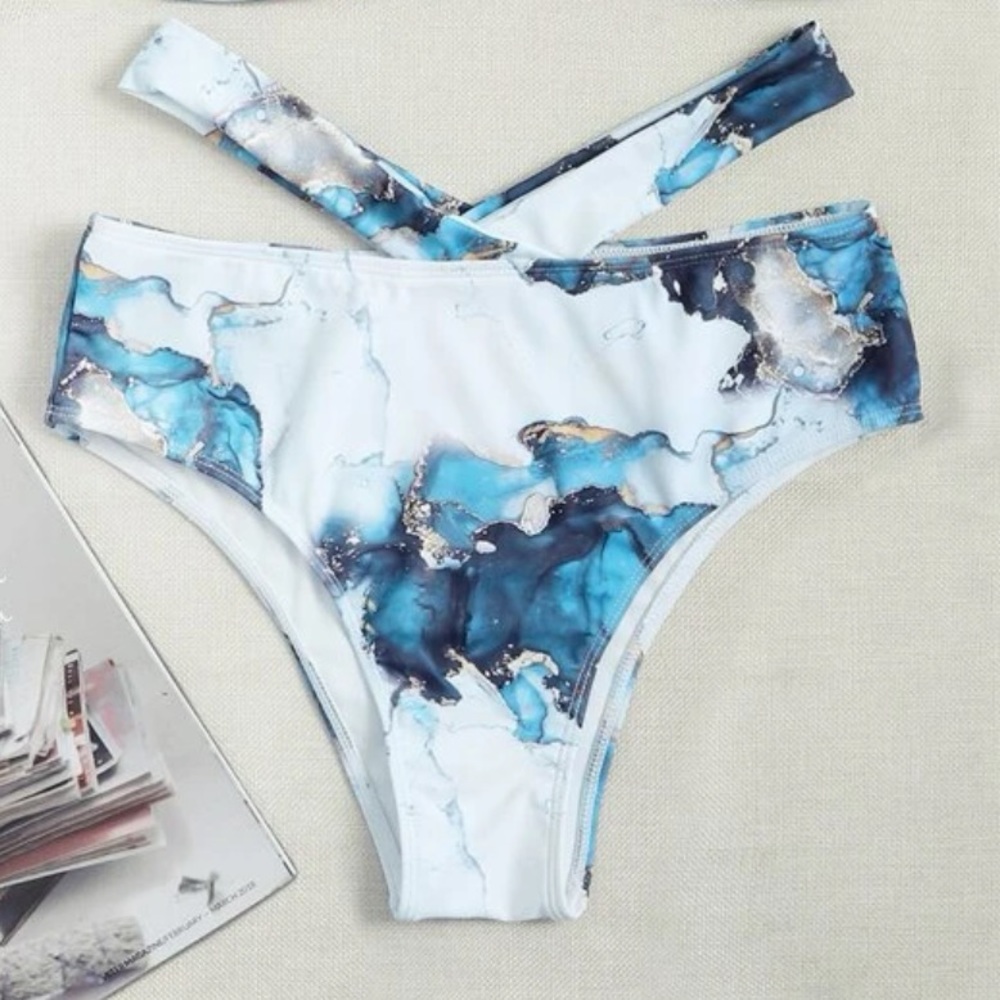 Boho Blue White Tie Dye Marble Print High Waisted Twisted Halter Bikini Set - Picture 4 of 12